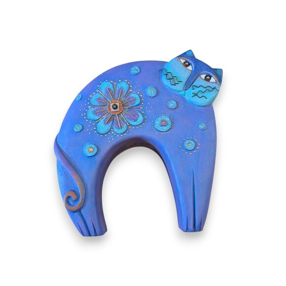 Vintage 90s Laurel Burch Flowering Feline Blue Arched Cat Figure Large 10'' - Picture 1 of 8